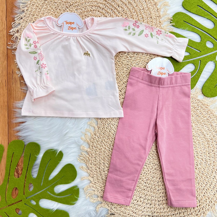 Conj. Batinha com Flores nas Mangas e Calça Legging - Rosa e Rose